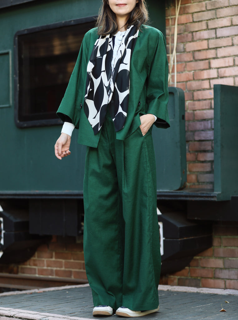 Forest Green Pure Linen Cocoon Jacket w/Patterned Silk Scarf