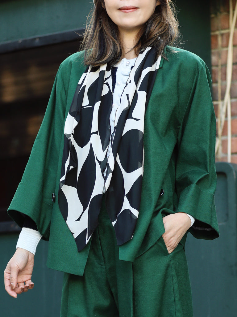 Forest Green Pure Linen Cocoon Jacket w/Patterned Silk Scarf