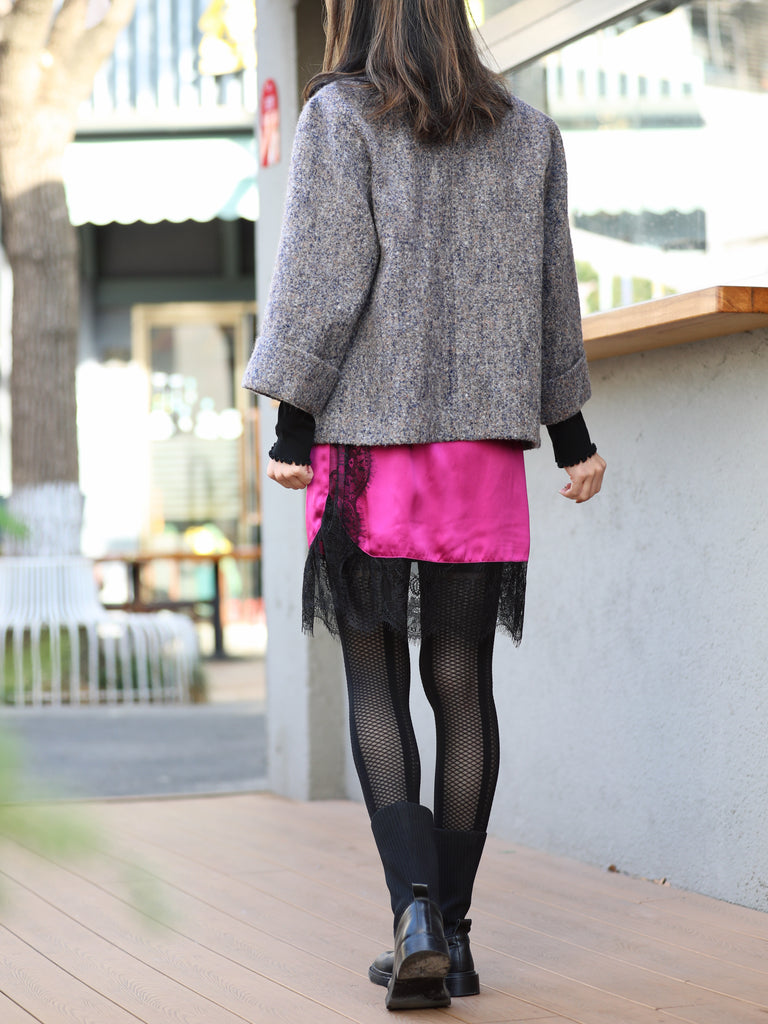 Grey Mix Angora Blend Cocoon Jacket w/Patterned Silk Scarf