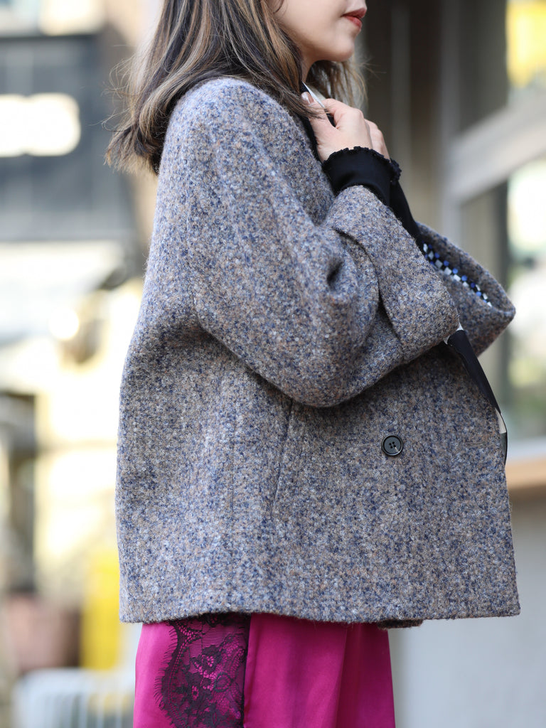 Grey Mix Angora Blend Cocoon Jacket w/Patterned Silk Scarf