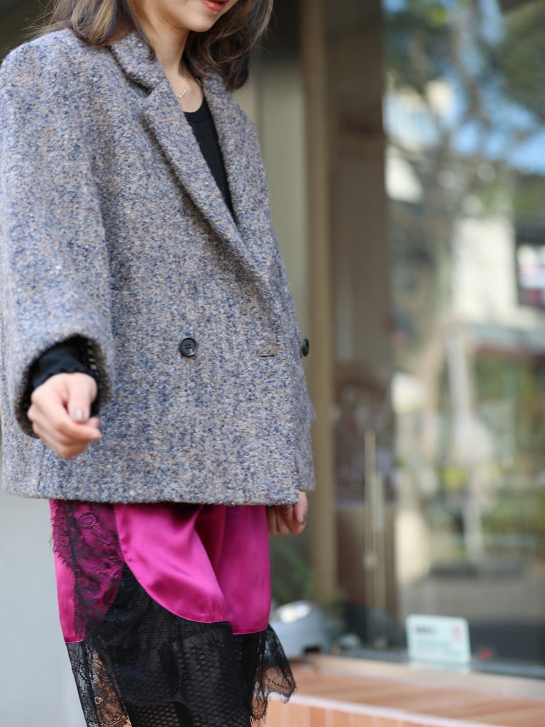 Grey Mix Angora Blend Cocoon Jacket w/Patterned Silk Scarf