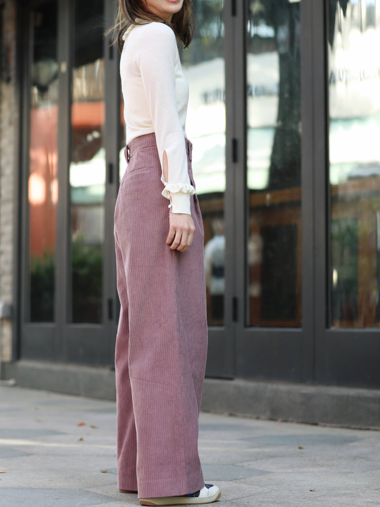 Pink Corduroy Pleated Pocket Detail Wide Leg Trousers