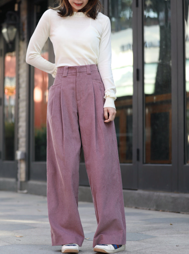 Pink Corduroy Pleated Pocket Detail Wide Leg Trousers