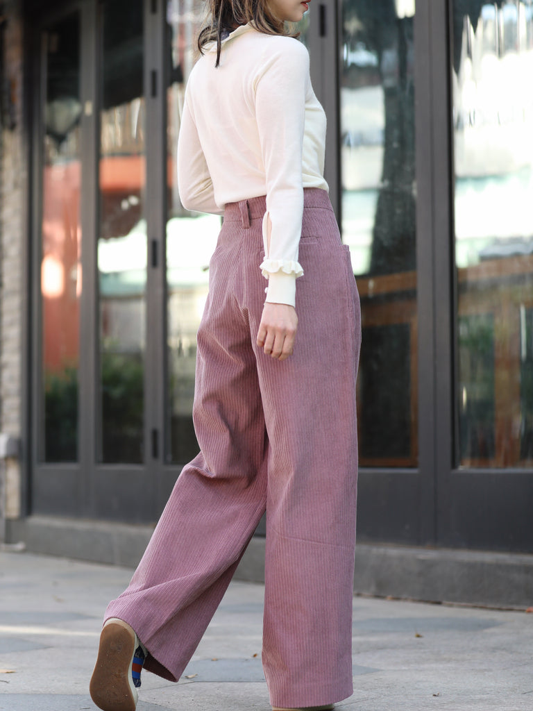 Pink Corduroy Pleated Pocket Detail Wide Leg Trousers