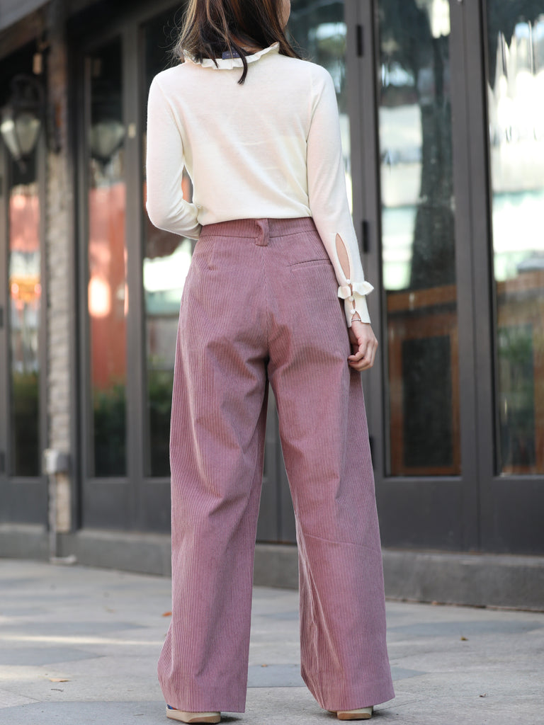 Pink Corduroy Pleated Pocket Detail Wide Leg Trousers