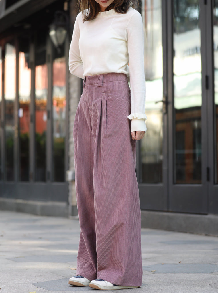 Pink Corduroy Pleated Pocket Detail Wide Leg Trousers