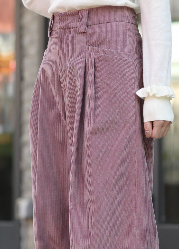 Pink Corduroy Pleated Pocket Detail Wide Leg Trousers