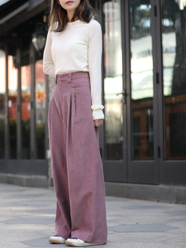Pink Corduroy Pleated Pocket Detail Wide Leg Trousers