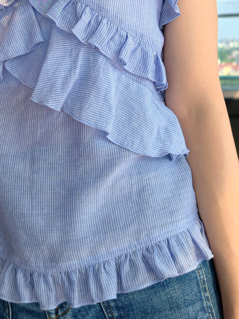 Blue Stripes Flutter Ruffles Sleeveless Drape Cotton Top