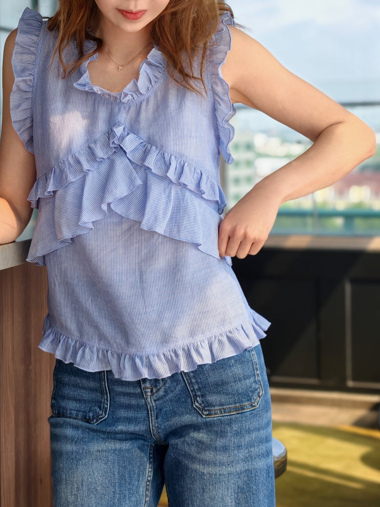 Blue Stripes Flutter Ruffles Sleeveless Drape Cotton Top