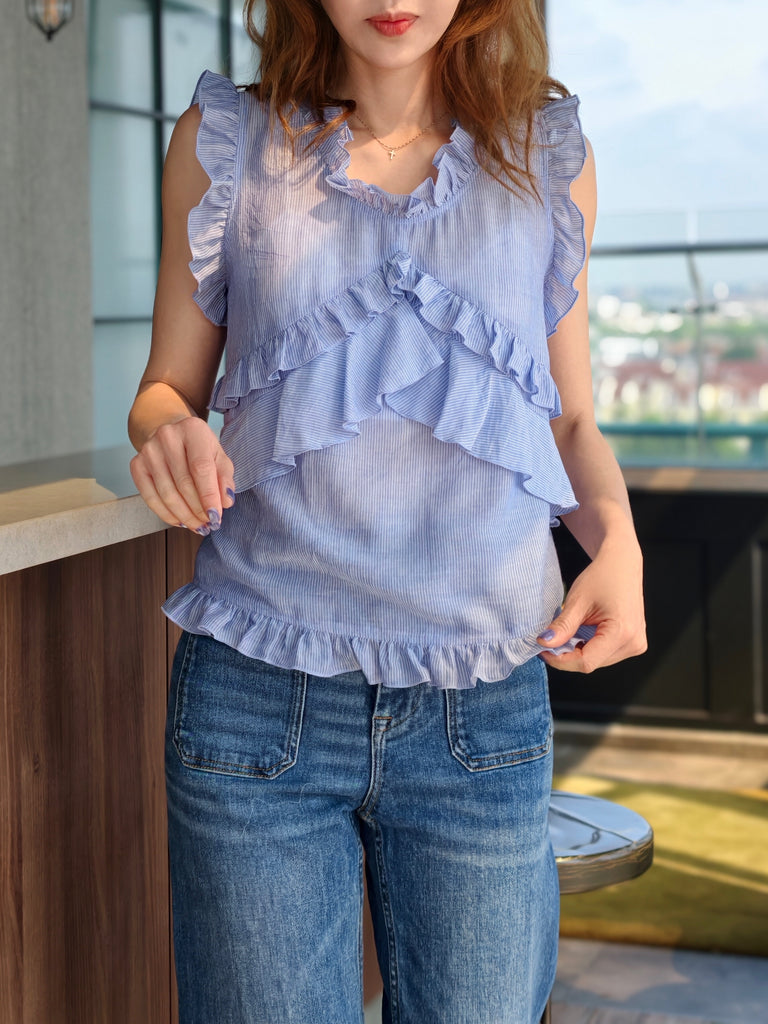 Blue Stripes Flutter Ruffles Sleeveless Drape Cotton Top
