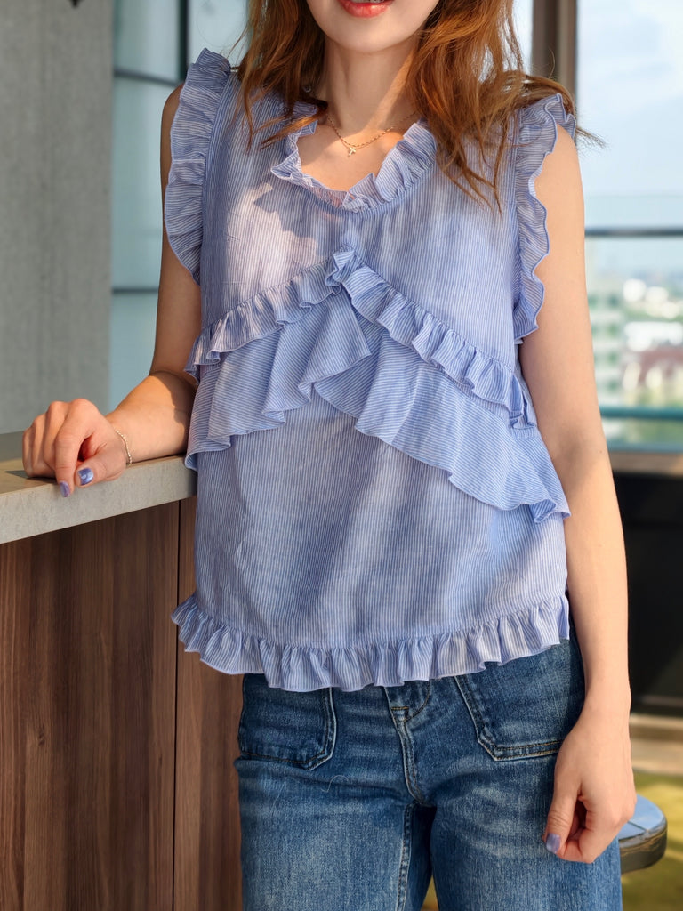Blue Stripes Flutter Ruffles Sleeveless Drape Cotton Top