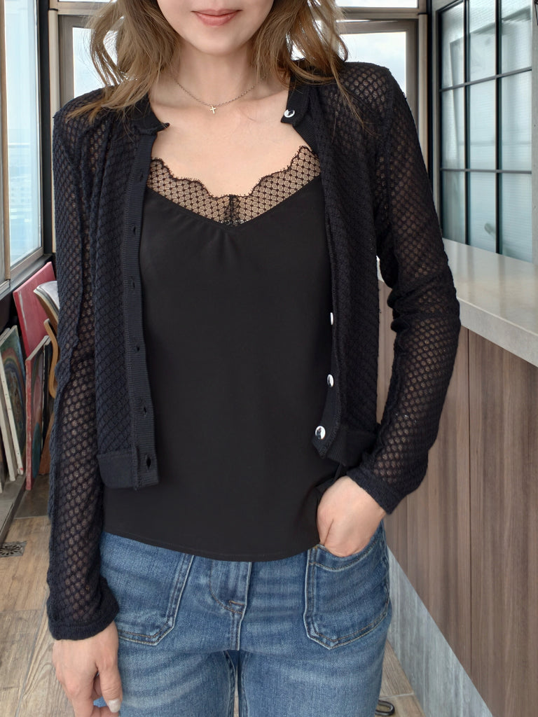 Black Lustrous Silk Lace Trim Adjustable Strap Camisole