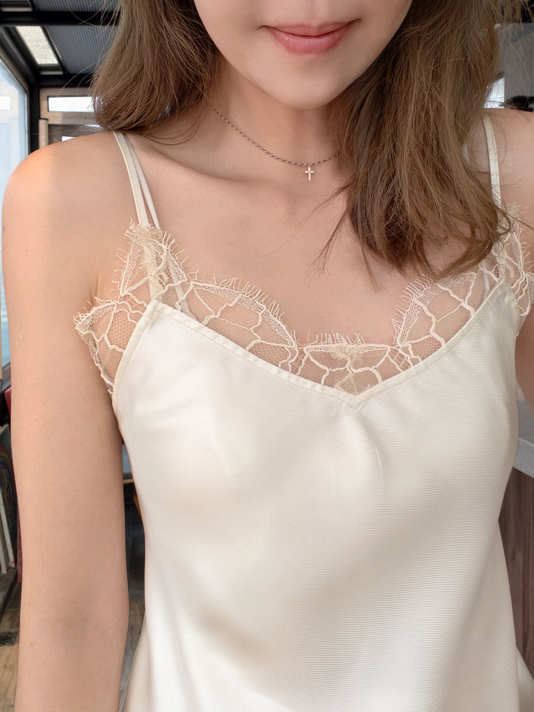 Ivory Lustrous Silk Lace Trim Adjustable Strap Camisole