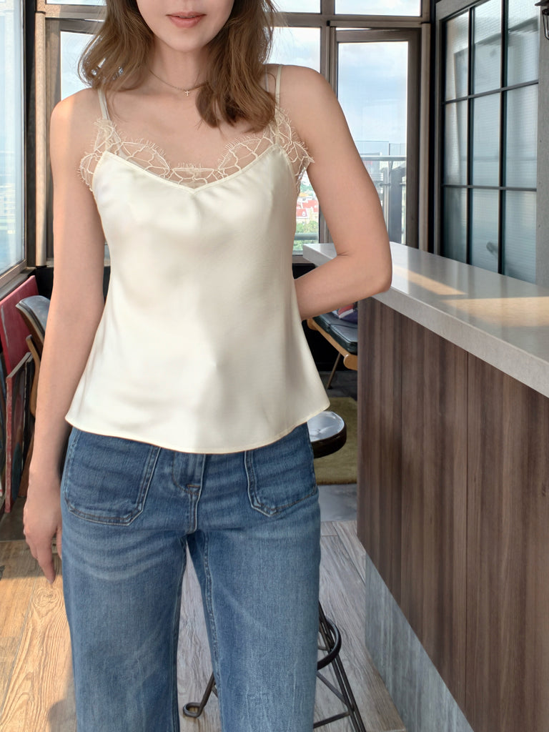 Ivory Lustrous Silk Lace Trim Adjustable Strap Camisole