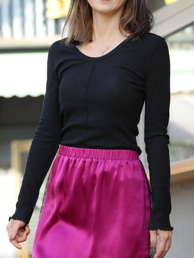 Ink Black Soft Cotton Lettuce-Edge Layering Top