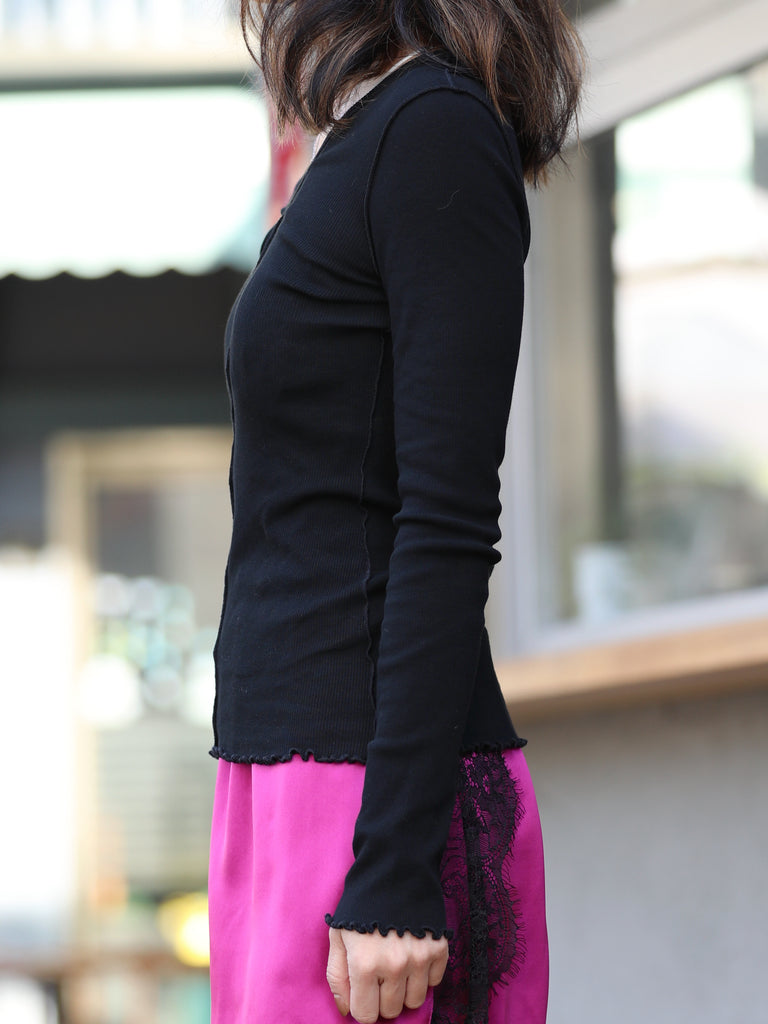 Ink Black Soft Cotton Lettuce-Edge Layering Top