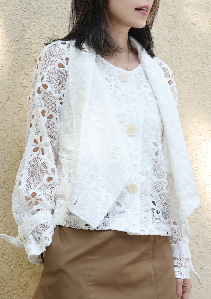 White Floral Scarf Collar Cutout Lace A-lined Jacket