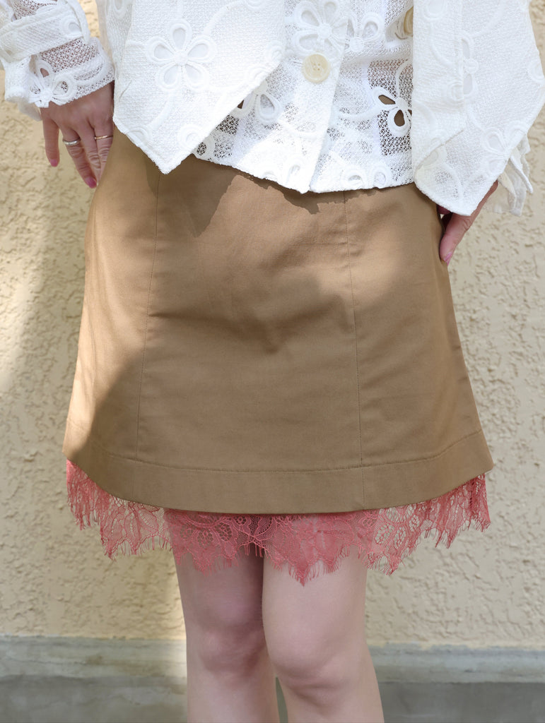 Army Green A-line Side Pockets Lace Trim Short Skirt