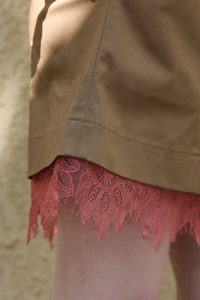 Army Green A-line Side Pockets Lace Trim Short Skirt