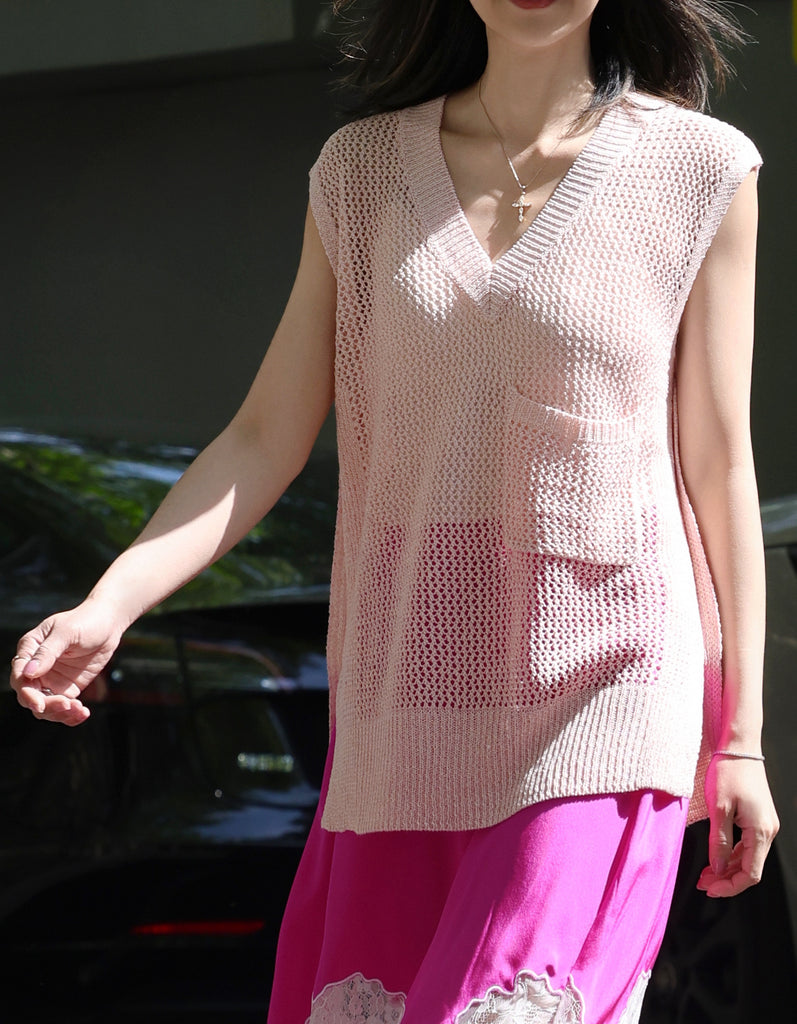 Pink V-neck Pocket Detail Side Slits Layering Tank