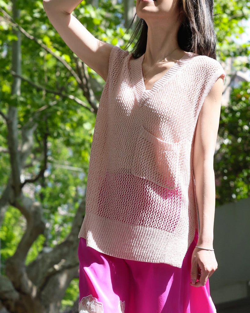 Pink V-neck Pocket Detail Side Slits Layering Tank