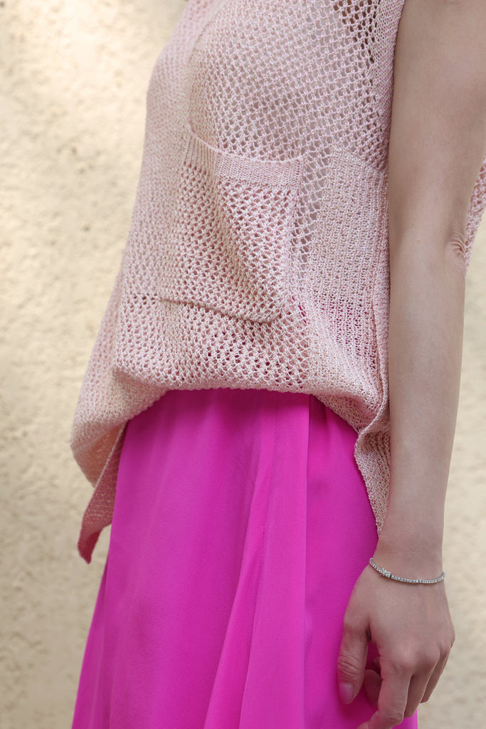 Pink V-neck Pocket Detail Side Slits Layering Tank