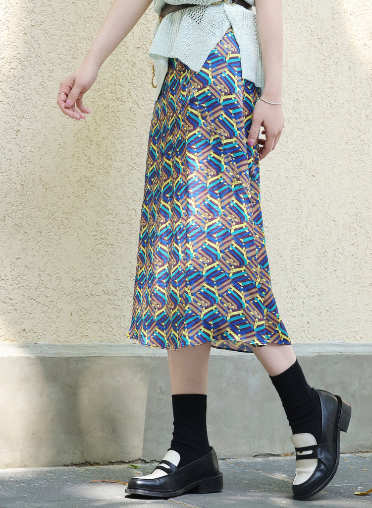 Colourful Stroke Print Layered Waist A-line Airy Midi Skirt