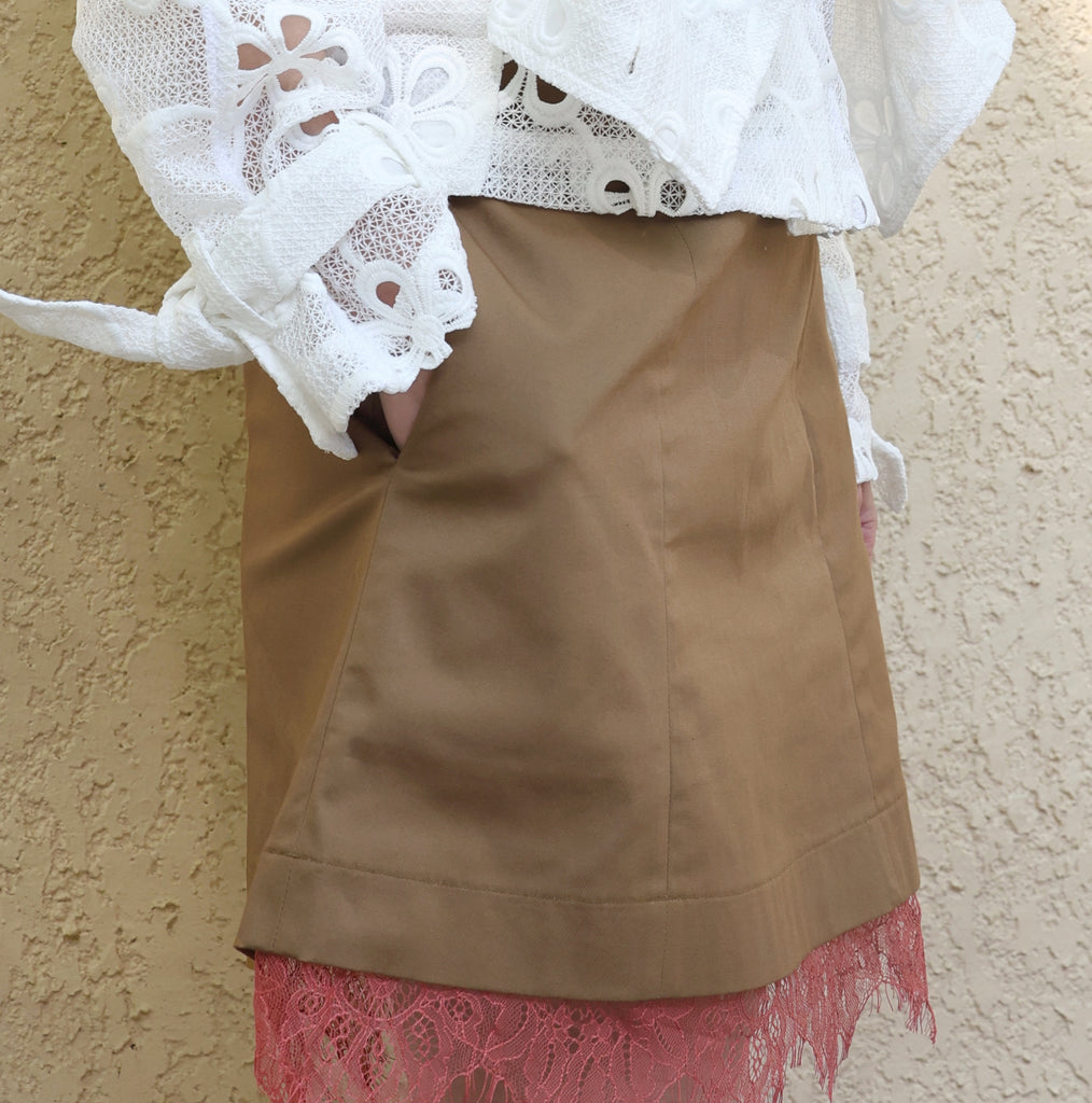 Army Green A-line Side Pockets Lace Trim Short Skirt