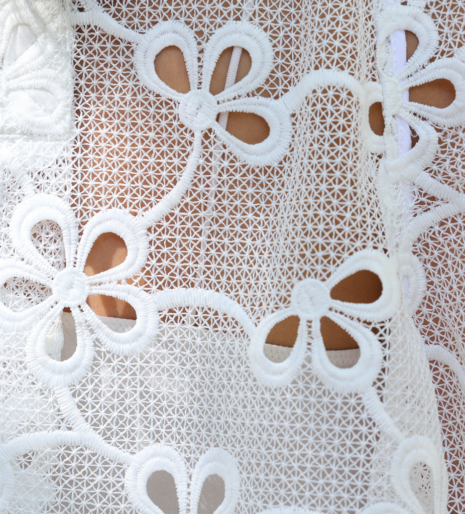 White Floral Scarf Collar Cutout Lace A-lined Jacket