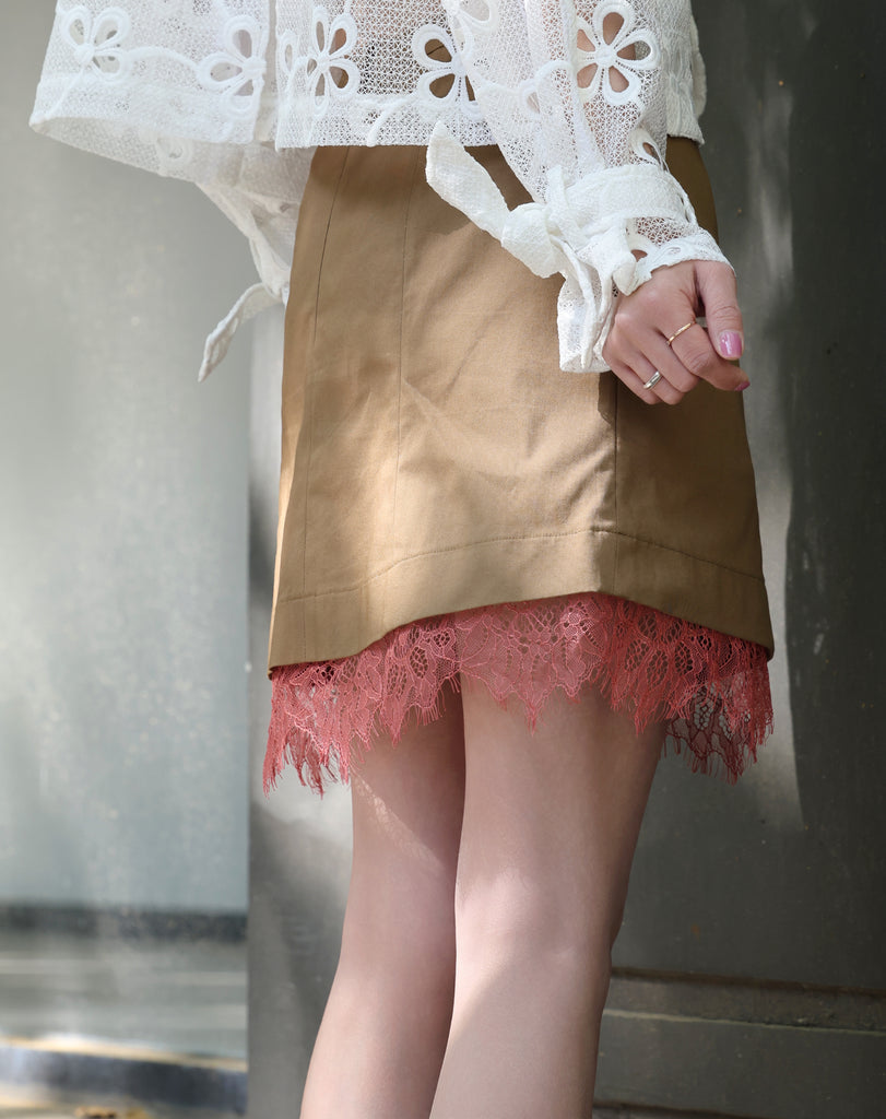 Army Green A-line Side Pockets Lace Trim Short Skirt