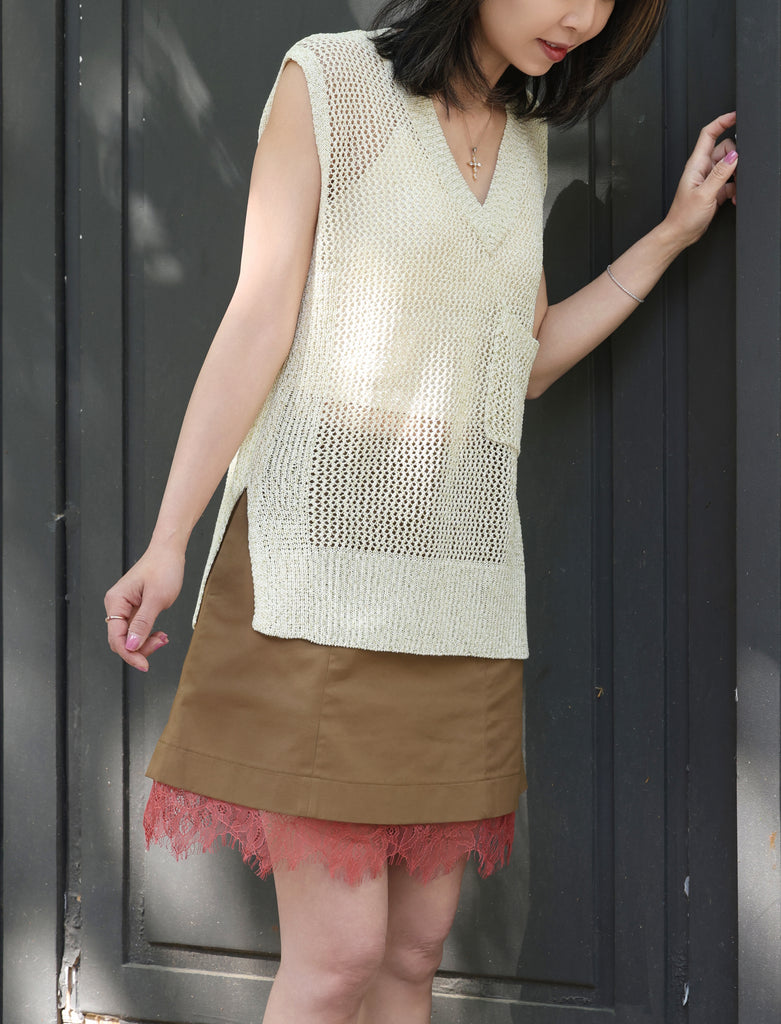 Army Green A-line Side Pockets Lace Trim Short Skirt