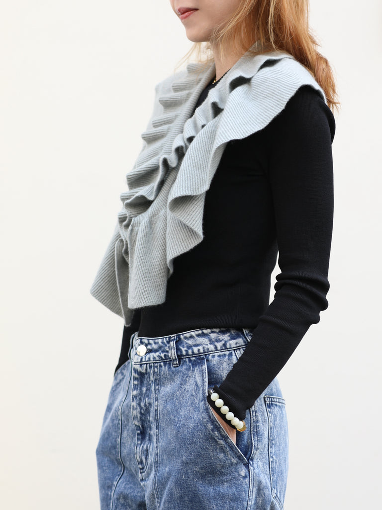 Greyish Green Luxe Cashmere Ruffle Collar Wrap