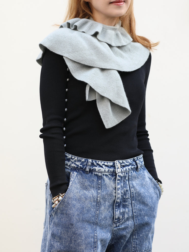 Greyish Green Luxe Cashmere Ruffle Collar Wrap