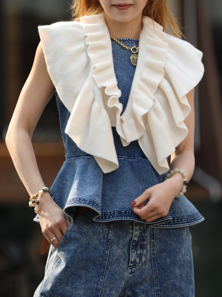 Creamy White Luxe Cashmere Ruffle Collar Wrap