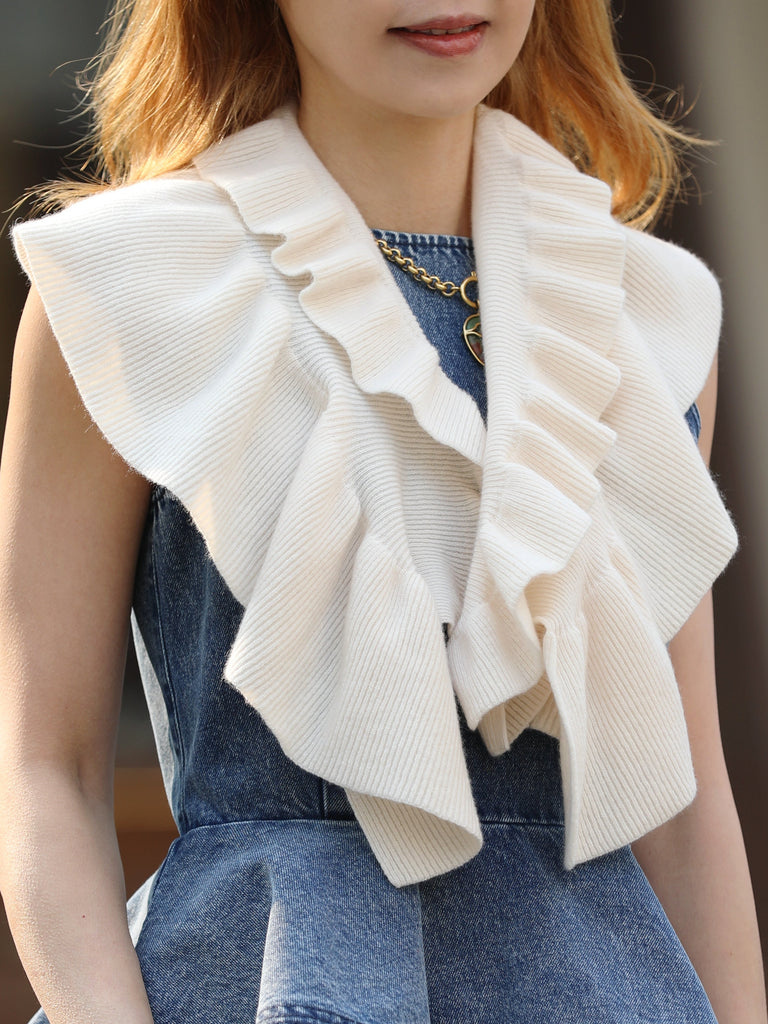 Creamy White Luxe Cashmere Ruffle Collar Wrap