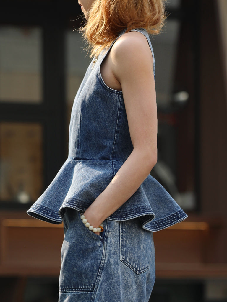 Washed Denim Structured Cut-In Shoulder Peplum Tank