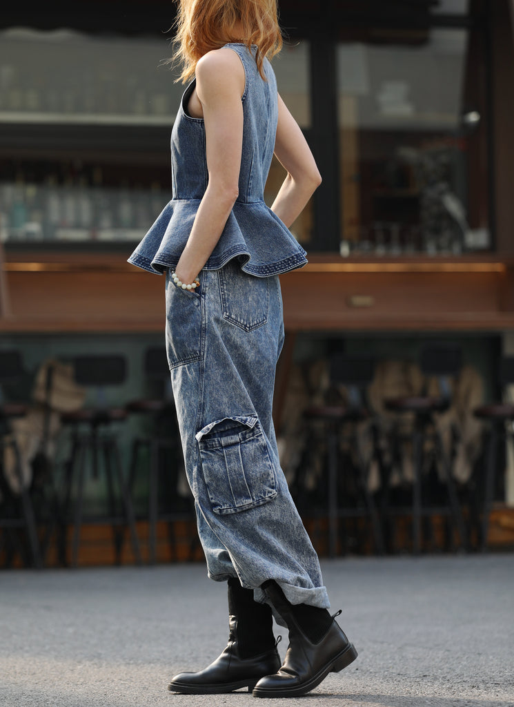 Washed Denim Structured Cut-In Shoulder Peplum Tank