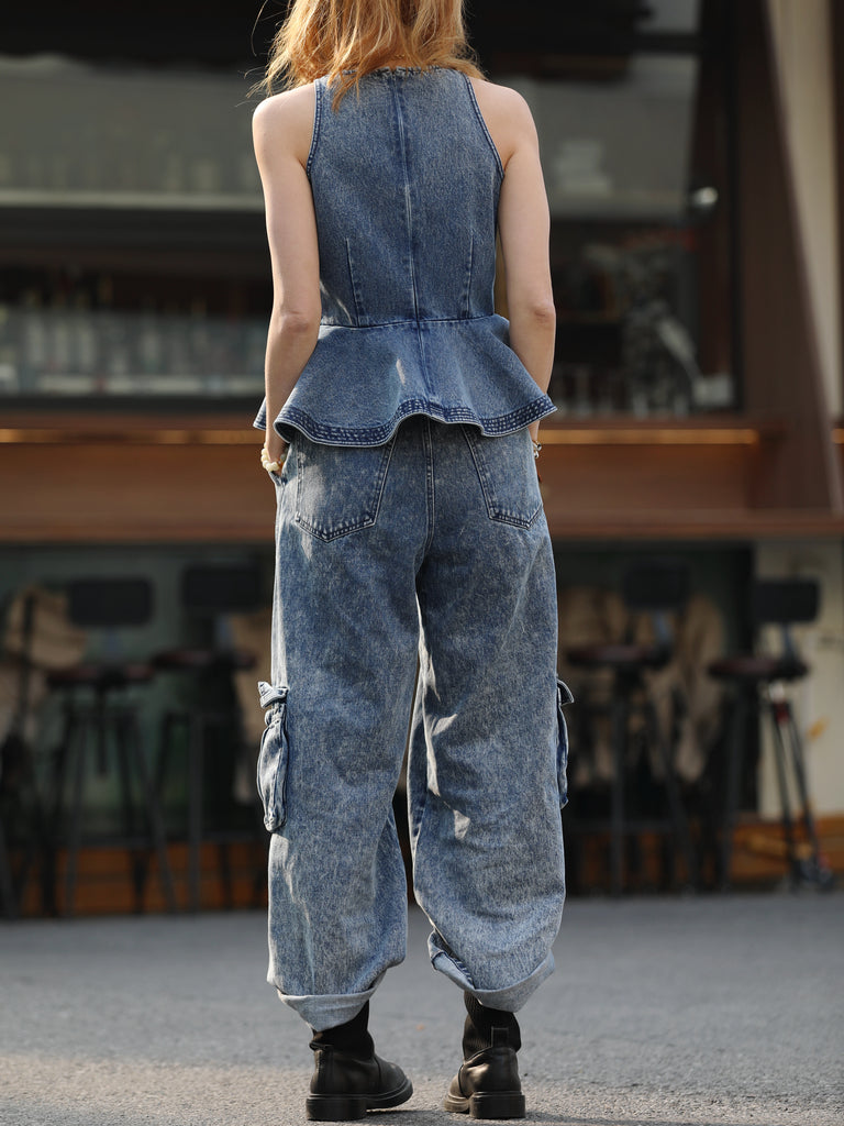 Washed Denim Structured Cut-In Shoulder Peplum Tank