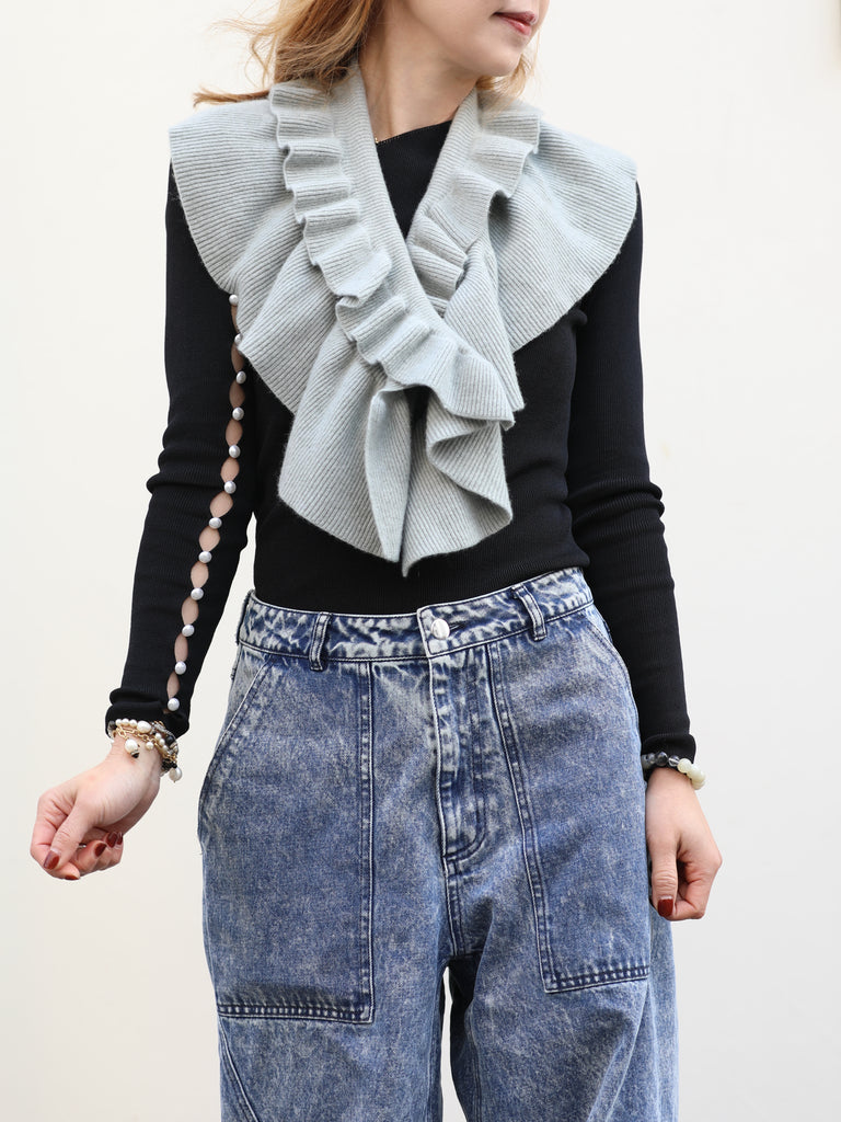 Greyish Green Luxe Cashmere Ruffle Collar Wrap