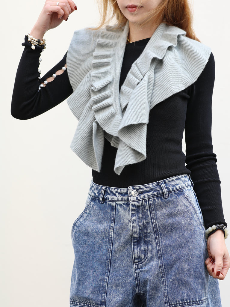 Greyish Green Luxe Cashmere Ruffle Collar Wrap