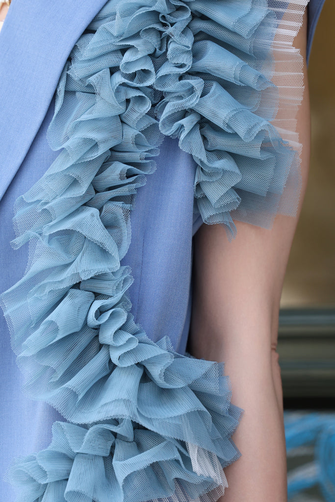 Blue Layered Ruffle Structured Sleeveless Gilet Blazer