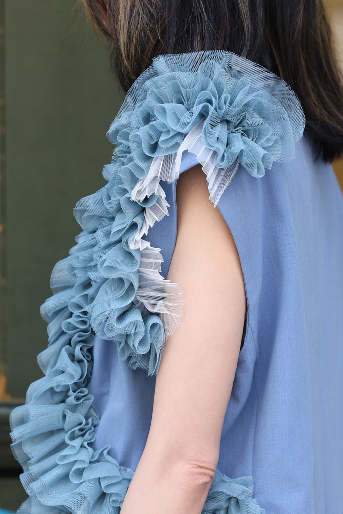 Blue Layered Ruffle Structured Sleeveless Gilet Blazer