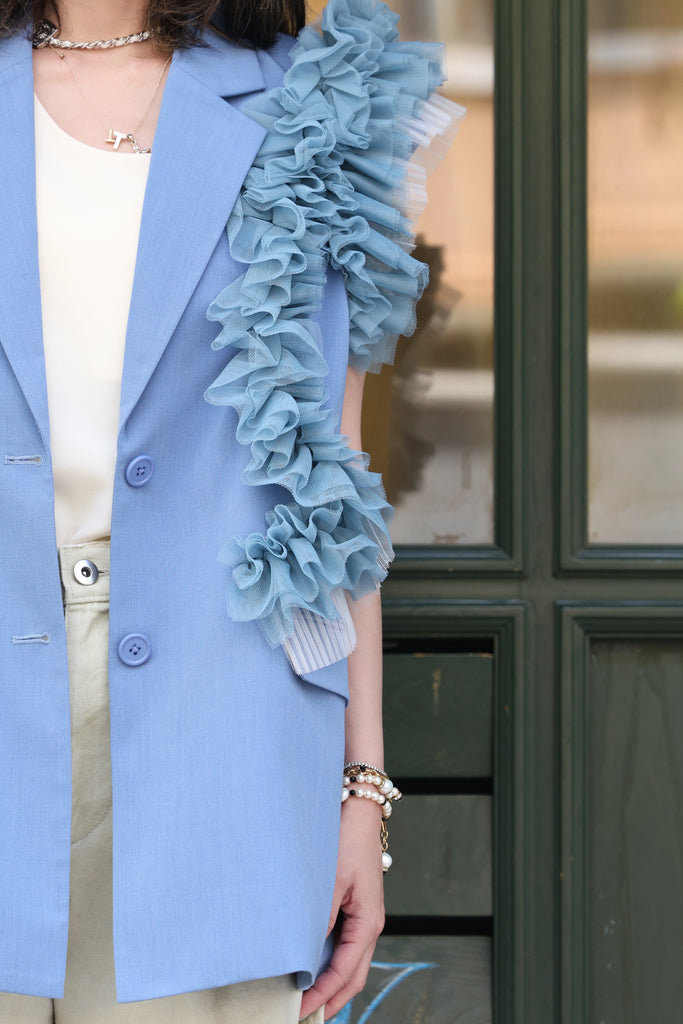 Blue Layered Ruffle Structured Sleeveless Gilet Blazer