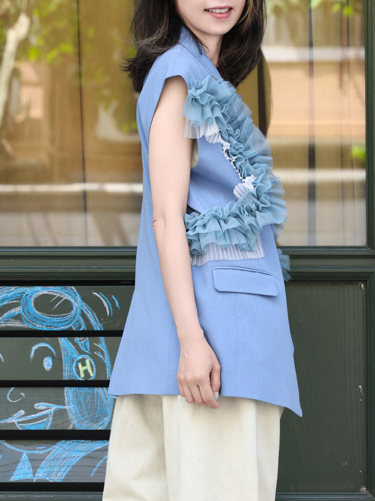 Blue Layered Ruffle Structured Sleeveless Gilet Blazer