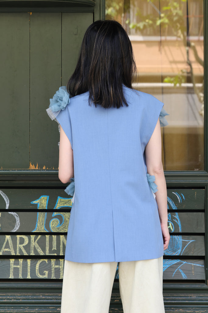 Blue Layered Ruffle Structured Sleeveless Gilet Blazer