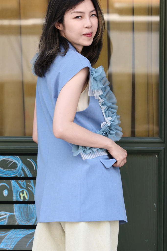 Blue Layered Ruffle Structured Sleeveless Gilet Blazer