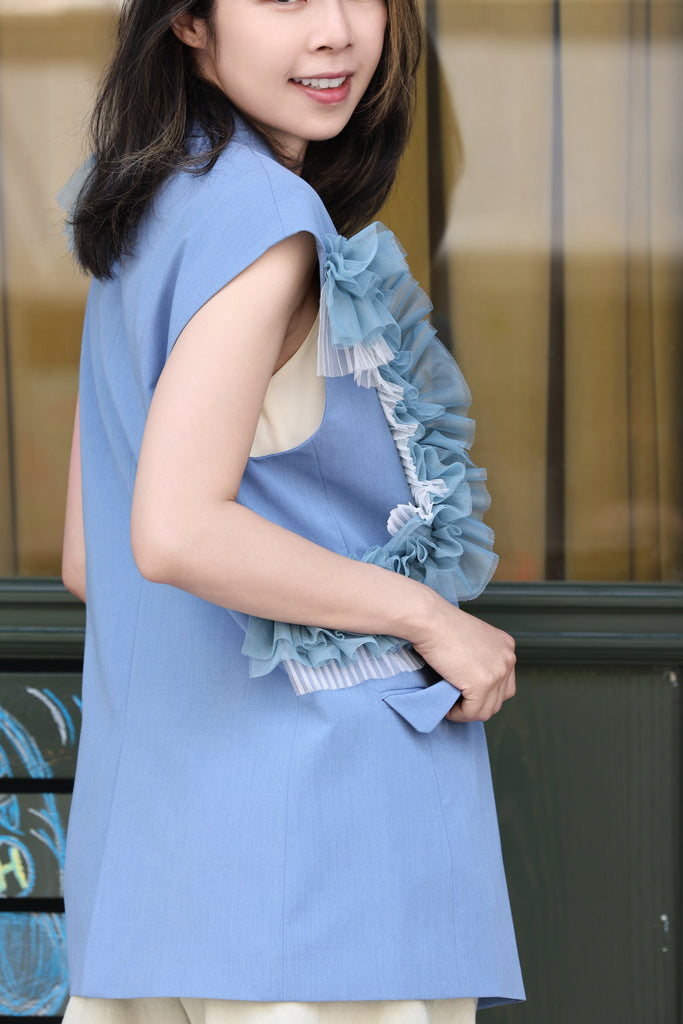 Blue Layered Ruffle Structured Sleeveless Gilet Blazer