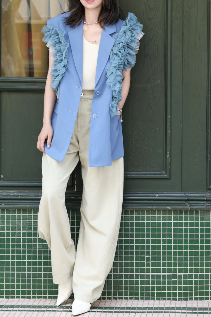 Blue Layered Ruffle Structured Sleeveless Gilet Blazer