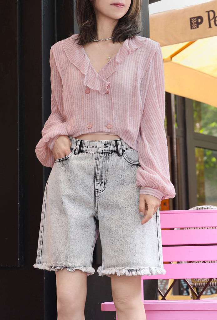 Pink Stripe Ruffle Collar Balloon Sleeve Wrappy Crop Blouse